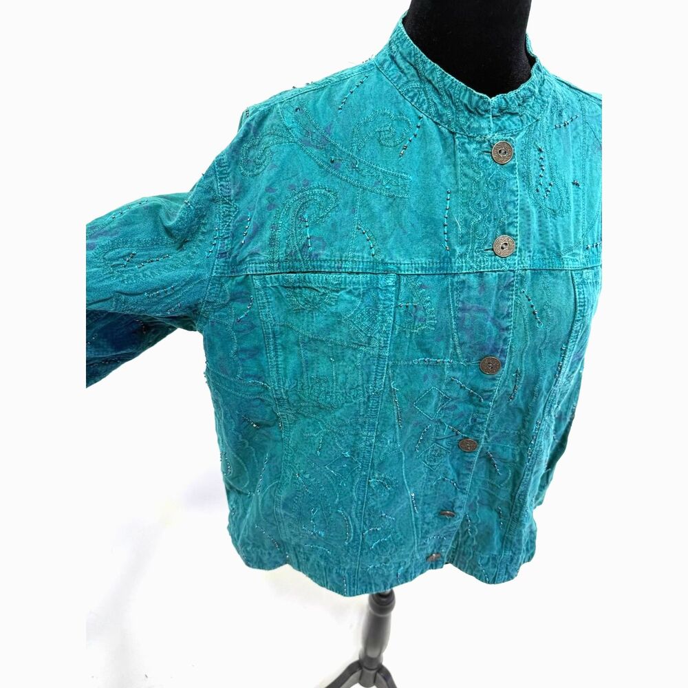 teal canvas embroidered and beaded mandarin mock collar jacket - Picture 3 of 7